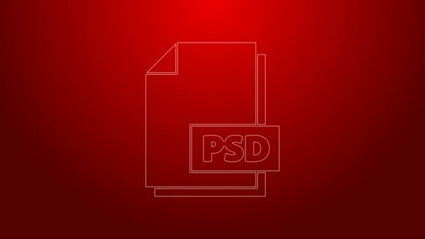 Зеленая линия документа PSD. Иконка кнопки выделена на красном фоне. Символ файла PSD. Видеографическая анимация 4K — стоковое видео