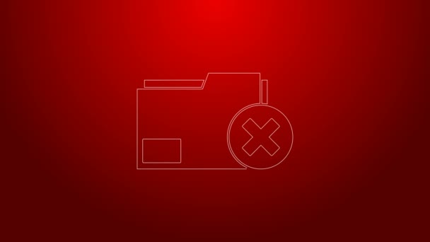 Green line Delete folder icon isolated on red background. Delete or error folder. Close computer information folder. 4K Video motion graphic animation — Stock Video