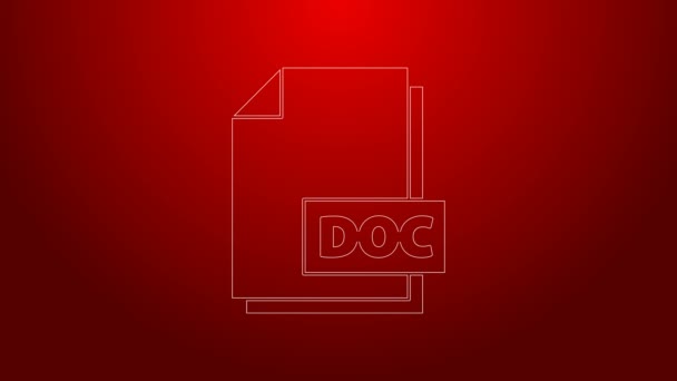 그린 라인 DOC 파일 문서. 빨간 배경에 분리 된 독 버튼 아이콘을 다운로드 합니다. DOC 파일 확장자 기호. 4K 비디오 모션 그래픽 애니메이션 — 비디오