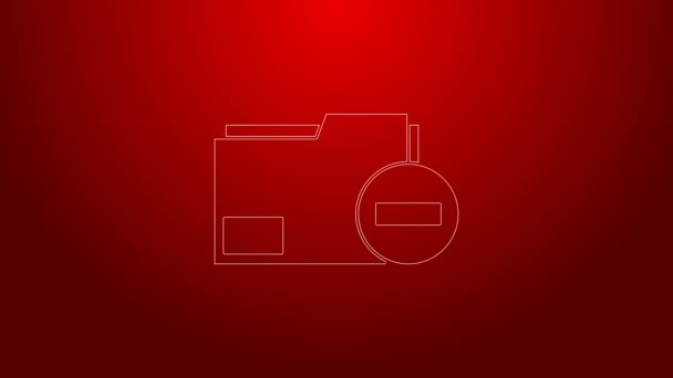 Línea verde Carpeta de documento con icono menos aislado sobre fondo rojo. Documento claro. Eliminar documento de archivo. Borrar archivo de información. Animación gráfica de vídeo 4K — Vídeos de Stock