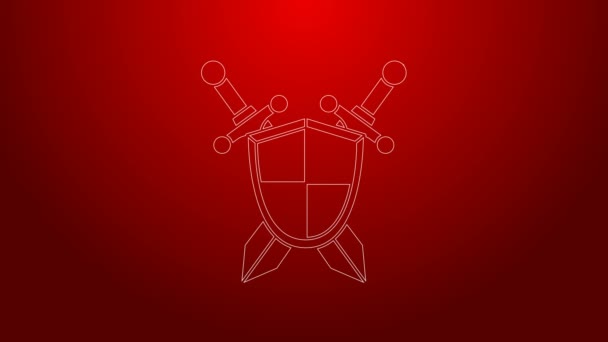 Línea verde Escudo medieval con icono de espadas cruzadas aisladas sobre fondo rojo. Animación gráfica de vídeo 4K — Vídeo de stock