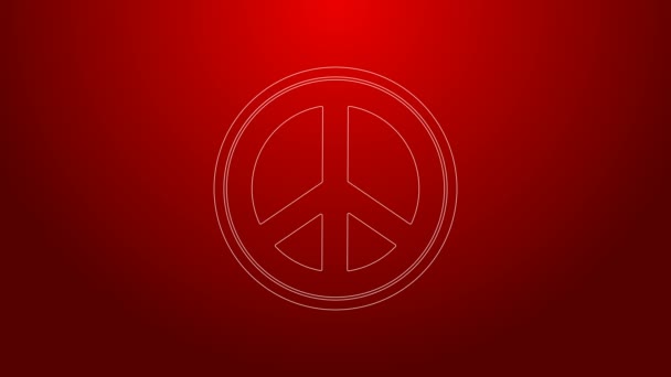 Línea verde Icono de Paz aislado sobre fondo rojo. Símbolo hippie de paz. Animación gráfica de vídeo 4K — Vídeos de Stock