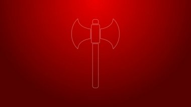 Yeşil çizgi Ortaçağ balta simgesi kırmızı arkaplanda izole edildi. Savaş baltası, cellat baltası. 4K Video hareketli grafik canlandırması
