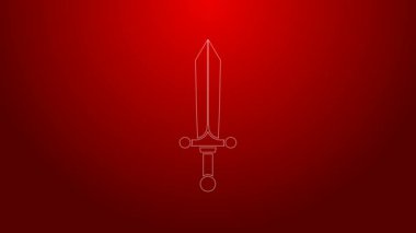 Yeşil çizgi Ortaçağ kılıç ikonu kırmızı arka planda izole edildi. 4K Video hareketli grafik canlandırması