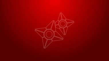 Yeşil çizgi Japon ninja shuriken simgesi kırmızı arkaplanda izole edildi. 4K Video hareketli grafik canlandırması