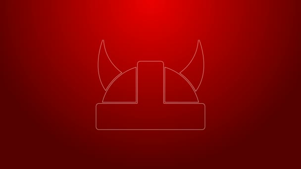 Green line Viking in horned helmet icon isolated on red background. 4K Video motion graphic animation — Stock Video