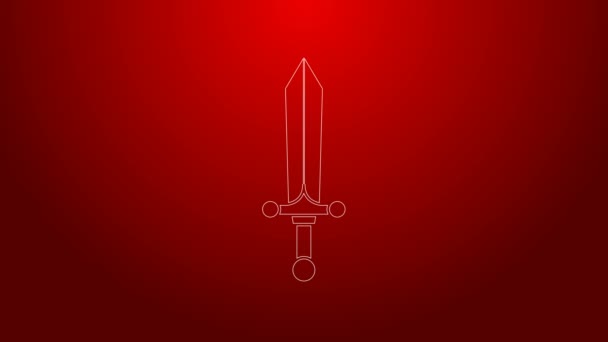 Zöld vonal Középkori kard ikon elszigetelt piros háttérrel. 4K Videó mozgás grafikus animáció — Stock videók