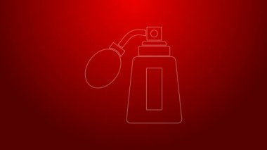 Kırmızı arka planda izole edilmiş atom ikonu olan yeşil çizgi tıraş losyonu şişesi. Parfüm spreyi ikonu. Erkek parfüm şişesi. 4K Video hareketli grafik canlandırması