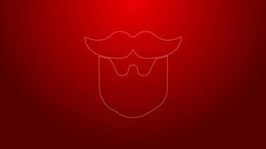 Kırmızı arkaplanda yeşil çizgi bıyık ve sakal simgesi var. Berber dükkanı sembolü. Yüz kılı stili. 4K Video hareketli grafik canlandırması