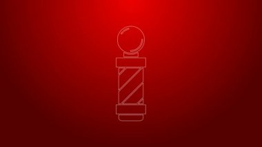 Kırmızı arka planda izole edilmiş yeşil çizgi klasik berber dükkânı ikonu. Berber dükkanı direği sembolü. 4K Video hareketli grafik canlandırması