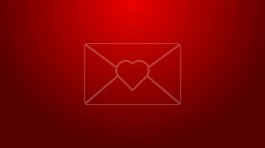 Kırmızı zemin üzerinde sevgililer günü kalp ikonu olan yeşil çizgi. Mesaj aşkım. Aşk ve romantizm mektubu. 4K Video hareketli grafik canlandırması