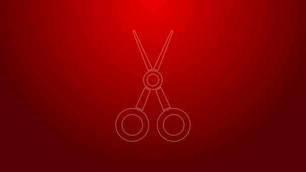 Grüne Linie Schere Friseur-Symbol isoliert auf rotem Hintergrund. Friseur, Modesalon und Friseursalon. Barbershop-Symbol. 4K Video Motion Grafik Animation — Stockvideo