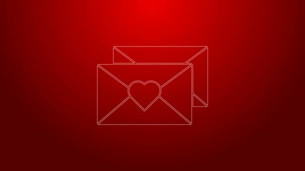 Línea verde sobre con el icono del corazón de San Valentín aislado sobre fondo rojo. Mensaje amor. Carta de amor y romance. Animación gráfica de vídeo 4K — Vídeos de Stock