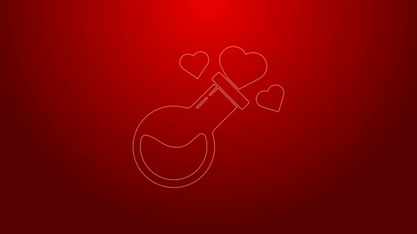 Línea verde Botella con icono de poción de amor aislado sobre fondo rojo. Símbolo de San Valentín. Animación gráfica de vídeo 4K — Vídeos de Stock