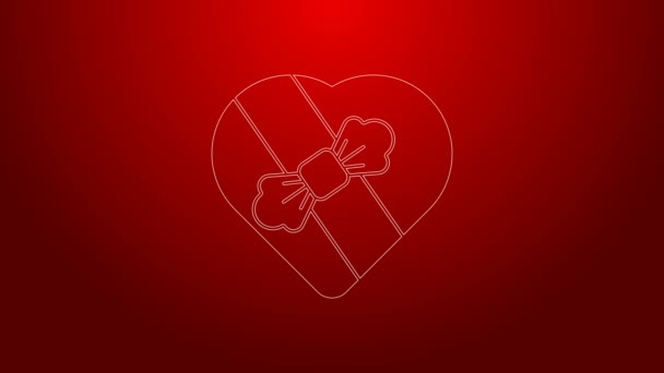 Green line Permen dalam kotak berbentuk hati dan ikon busur terisolasi di latar belakang merah. Hari Valentine. Animasi grafis gerak Video 4K — Stok Video