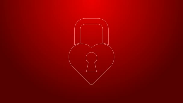 绿线城堡的形状是心形图标,与红色背景隔离.锁定的心脏。爱的象征和钥匙孔标志。情人节。4K视频运动图形动画 — 图库视频影像