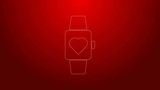 Linha verde Coração no centro ícone relógio de pulso isolado no fundo vermelho. Dia dos Namorados. Animação gráfica em movimento de vídeo 4K — Vídeo de Stock