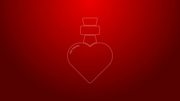 Green line Bottle with love potion icon isolated on red background. Valentines day symbol. 4K Video motion graphic animation — Stock Video