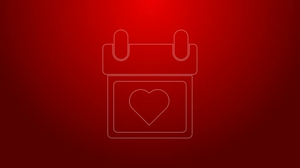 Zelená čára Kalendář s ikonou srdce izolované na červeném pozadí. Valentýn. Symbol lásky. 14. února. Grafická animace pohybu videa 4K — Stock video