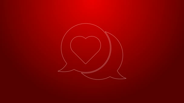 Línea verde Corazón en el icono de la burbuja del habla aislado sobre fondo rojo. Animación gráfica de vídeo 4K — Vídeos de Stock