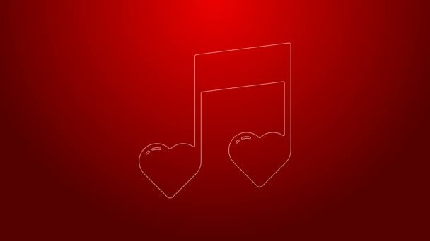 Зеленая линия Музыкальная нота, тон с червовой иконкой на красном фоне. День Святого Валентина. Видеографическая анимация 4K — стоковое видео