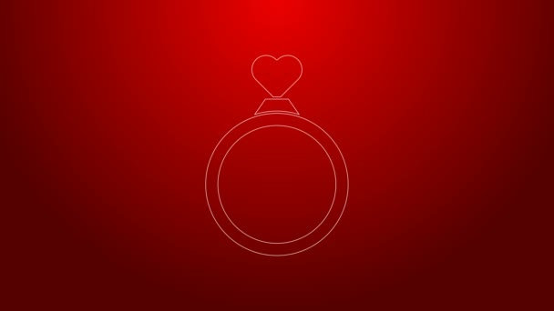 Zöld vonal Jegygyűrűk ikon elszigetelt piros háttérrel. Menyasszony és vőlegény ékszer tábla. A házasság szimbóluma. Gyémánt gyűrű. 4K Videó mozgás grafikus animáció — Stock videók