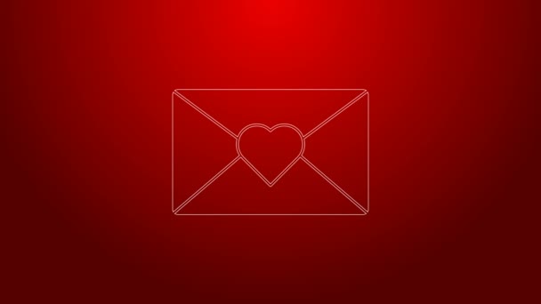 Zöld vonal Boríték Valentin szív ikon elszigetelt piros háttérrel. Üzenetszeretet. Levél szerelem és romantika. 4K Videó mozgás grafikus animáció — Stock videók