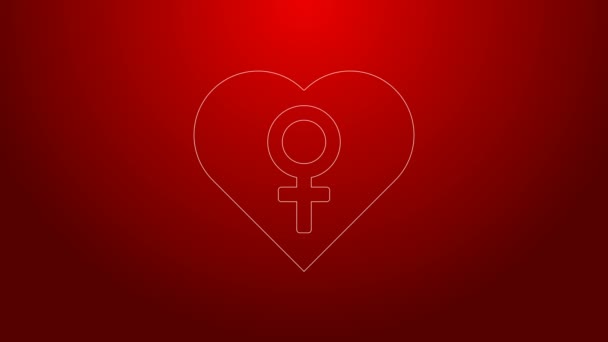 Garis hijau Hati dengan simbol gender perempuan terisolasi di latar belakang merah. Simbol Venus. Simbol untuk organisme wanita atau wanita. Animasi grafis gerak Video 4K — Stok Video