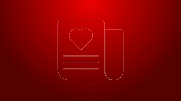 Envelope linha verde com ícone coração Valentine isolado no fundo vermelho. Mensagem de amor. Carta de amor e romance. Animação gráfica em movimento de vídeo 4K — Vídeo de Stock