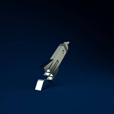Mavi arka planda ateş ikonu olan Gümüş Roket gemisi. Uzay yolculuğu. Minimalizm kavramı. 3d illüstrasyon 3B canlandırma.