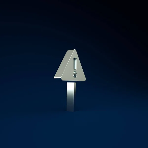 Silver Exclamation mark in triangle icon isolated on blue background. Hazard warning sign, careful, attention, danger warning sign. Minimalism concept. 3d illustration 3D render.