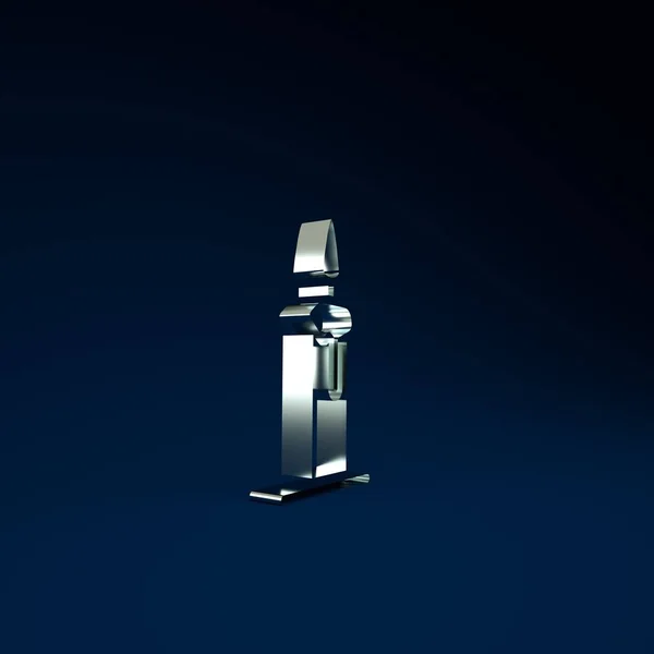Silver Burning candle in candlestick icon isolated on blue background. Cylindrical candle stick with burning flame. Minimalism concept. 3d illustration 3D render.