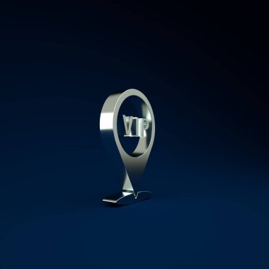 Gümüş Konum Vip simgesi mavi arkaplanda izole edildi. Minimalizm kavramı. 3d illüstrasyon 3B canlandırma.