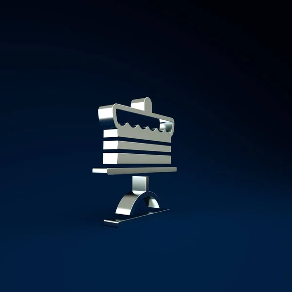 Silver Cake on plate icon isolated on blue background. Happy Birthday. Minimalism concept. 3d illustration 3D render.