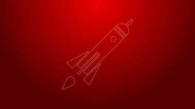 Kırmızı zemin üzerinde ateş ikonu olan yeşil çizgi roket gemisi. Uzay yolculuğu. 4K Video hareketli grafik canlandırması