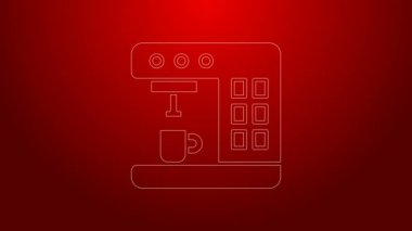 Yeşil çizgi kahve makinesi simgesi kırmızı arkaplanda izole edildi. 4K Video hareketli grafik canlandırması