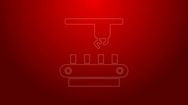 Yeşil Hat Fabrikası taşıma sistemi simgesi kırmızı arkaplanda izole edildi. Robot endüstrisi konsepti. 4K Video hareketli grafik canlandırması