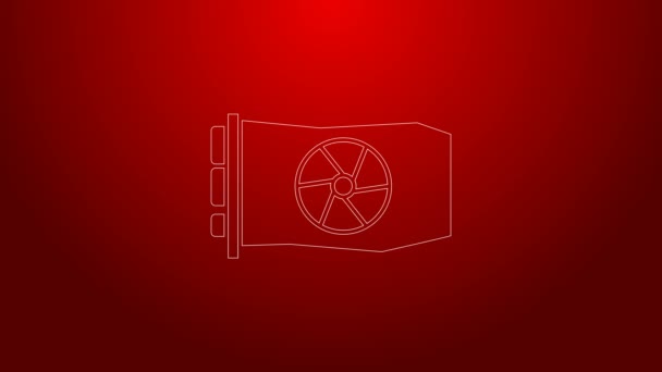 Línea verde Icono de tarjeta gráfica de vídeo aislado sobre fondo rojo. Animación gráfica de vídeo 4K — Vídeo de stock