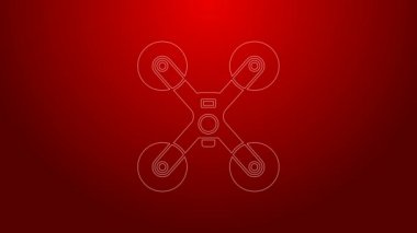 Yeşil çizgi uçan İHA ikonu kırmızı arkaplanda izole edildi. Video ve fotoğraf makinesi sembollü dörtlü helikopter. 4K Video hareketli grafik canlandırması