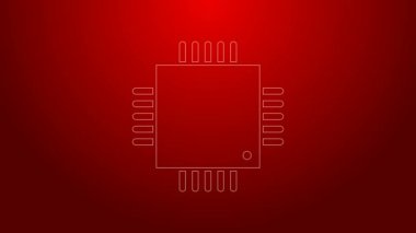 Kırmızı zemin üzerinde mikro devreli işlemci simgesi olan yeşil çizgi bilgisayar işlemcisi. Devre kartı işaretli çip ya da işlemci. Mikro işlemci. 4K Video hareketli grafik canlandırması