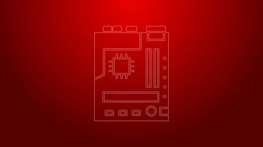 Yeşil çizgi Elektronik bilgisayar bileşenleri anakart dijital çip entegre bilim ikonu kırmızı zemin üzerinde izole. Devre kartı. 4K Video hareketli grafik canlandırması