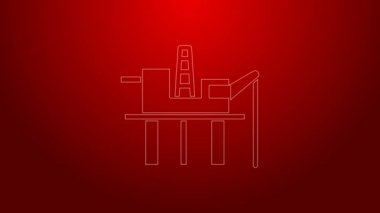 Deniz ikonundaki yeşil hat petrol platformu kırmızı arkaplanda izole edildi. Denizde sondaj kulesi. Petrol platformu, doğalgaz, deniz aşırı sanayi. 4K Video hareketli grafik canlandırması