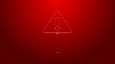 Kırmızı arkaplanda yeşil çizgi ünlem işareti var. Tehlike uyarısı, dikkat, dikkat, tehlike uyarısı. 4K Video hareketli grafik canlandırması