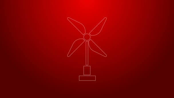 Línea verde Icono de turbina de viento aislado sobre fondo rojo. Cartel del generador eólico. Molino de viento para producción de energía eléctrica. Animación gráfica de vídeo 4K — Vídeos de Stock