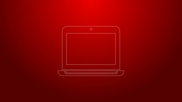 Línea verde Icono del ordenador portátil aislado sobre fondo rojo. Computadora portátil con pantalla vacía. Animación gráfica de vídeo 4K — Vídeo de stock