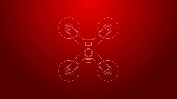 Green line Drone flying icon isolated on red background. Quadrocopter with video and photo camera symbol. 4K Video motion graphic animation — Stock Video