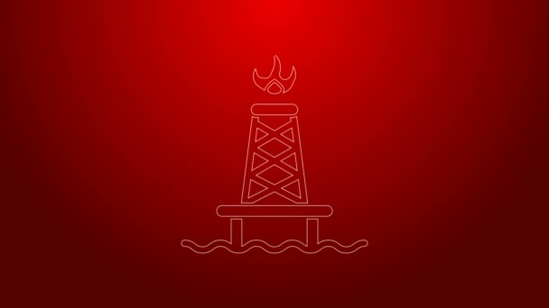 Linea verde Oil rig con icona del fuoco isolato su sfondo rosso. Torre di servizio. Oggetto industriale. Animazione grafica 4K Video motion — Video Stock