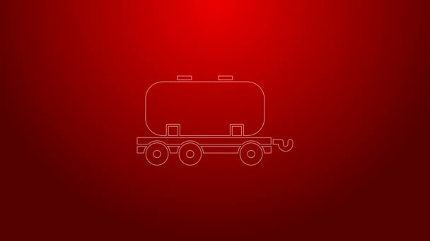 Зеленая линия Нефтяная железная дорога цистерна значок изолирован на красном фоне. Поезд нефтяной бак на железнодорожном вагоне. Железнодорожный груз. Нефтяная промышленность. Видеографическая анимация 4K — стоковое видео