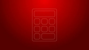 Yeşil çizgi hesap makinesi simgesi kırmızı arkaplanda izole edildi. Muhasebe sembolü. İş hesaplamaları matematik eğitimi ve finans. 4K Video hareketli grafik canlandırması