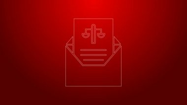 Yeşil çizgi celp simgesi kırmızı arkaplanda izole edildi. Tutuklama emri, polis raporu, mahkeme celbi. Adalet kavramı. 4K Video hareketli grafik canlandırması